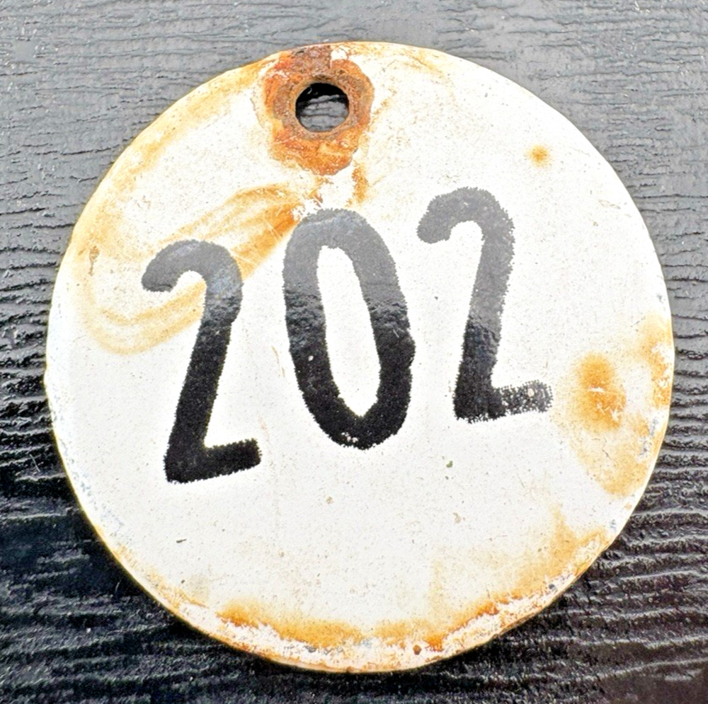 Vintage White with Round Metal Tag Black Number 202 1.25" for keys luggage craft